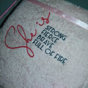 She is. Bath towel.
