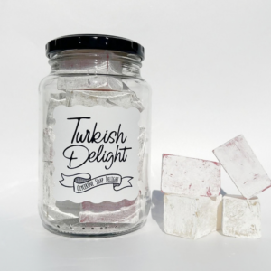Bright Meadows Turkish Delight inspired handmade soap cubes in a decorative jar